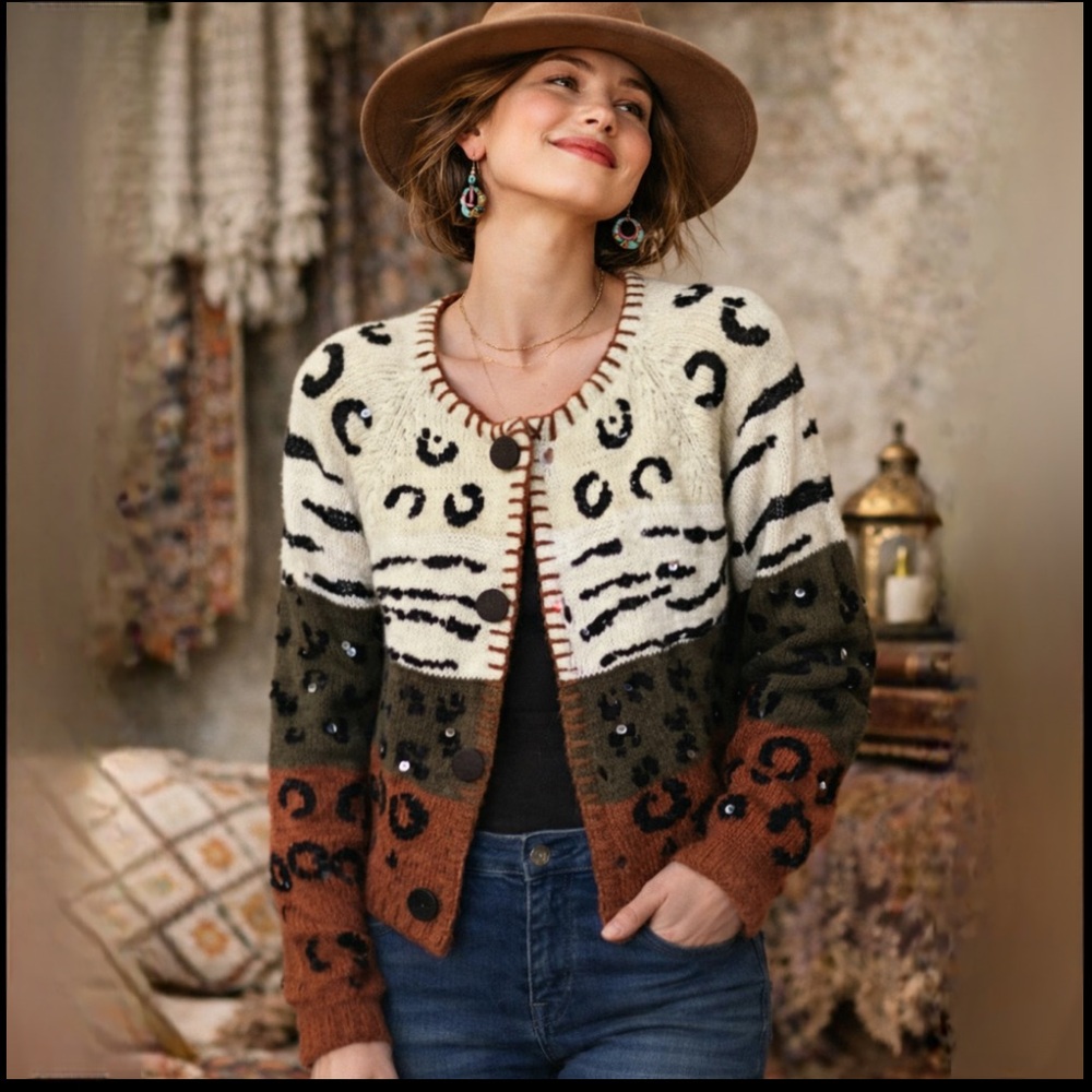 Vtg Work In Progress Glady’s Bagley Leopard Tiger Sequin Knit Cardigan Sweater